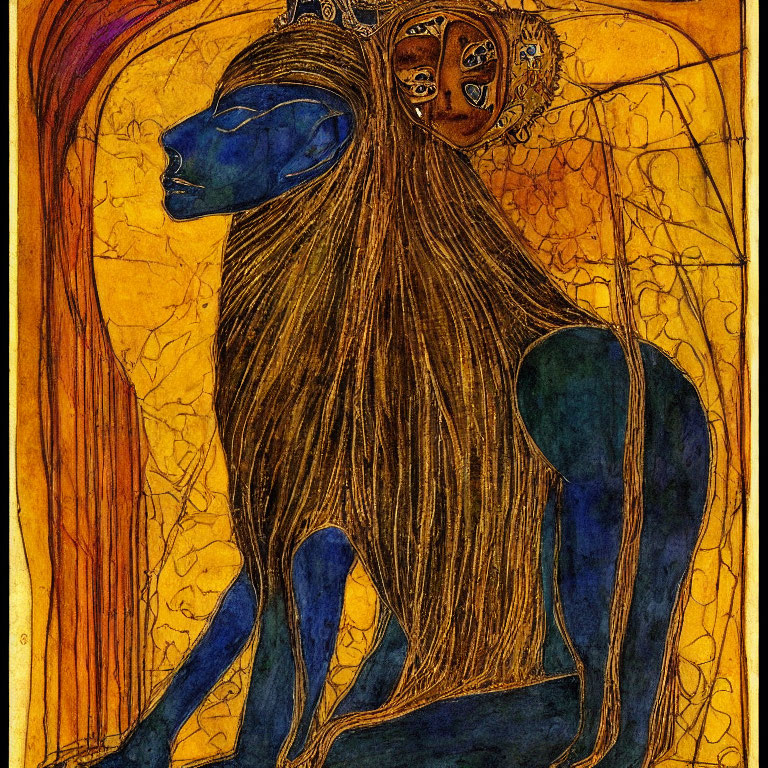Colorful human-lion fusion art with crown on amber background