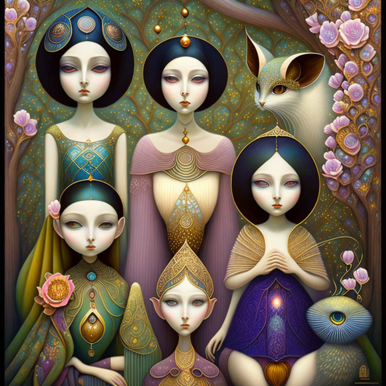 Four stylized female figures and a fox in intricate garments and floral elements in earthy tones.