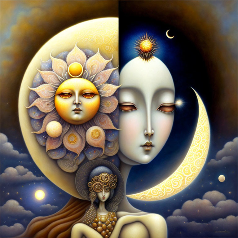 Stylized painting of faces merged with celestial bodies and cosmic motifs