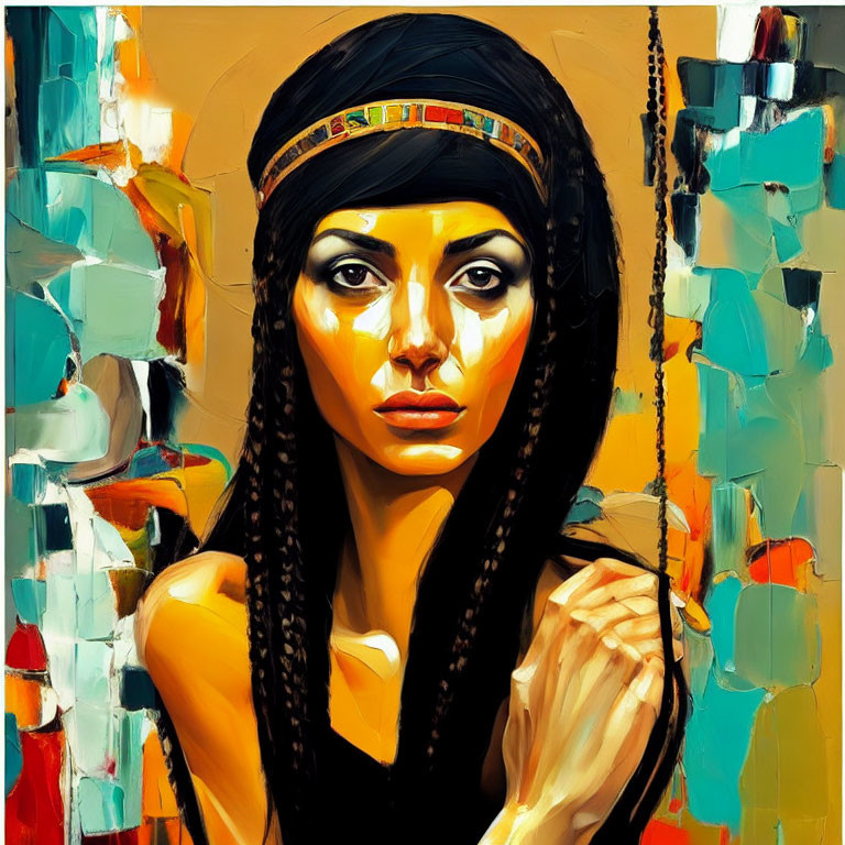 Colorful Abstract Painting of Woman with Headband and Braids