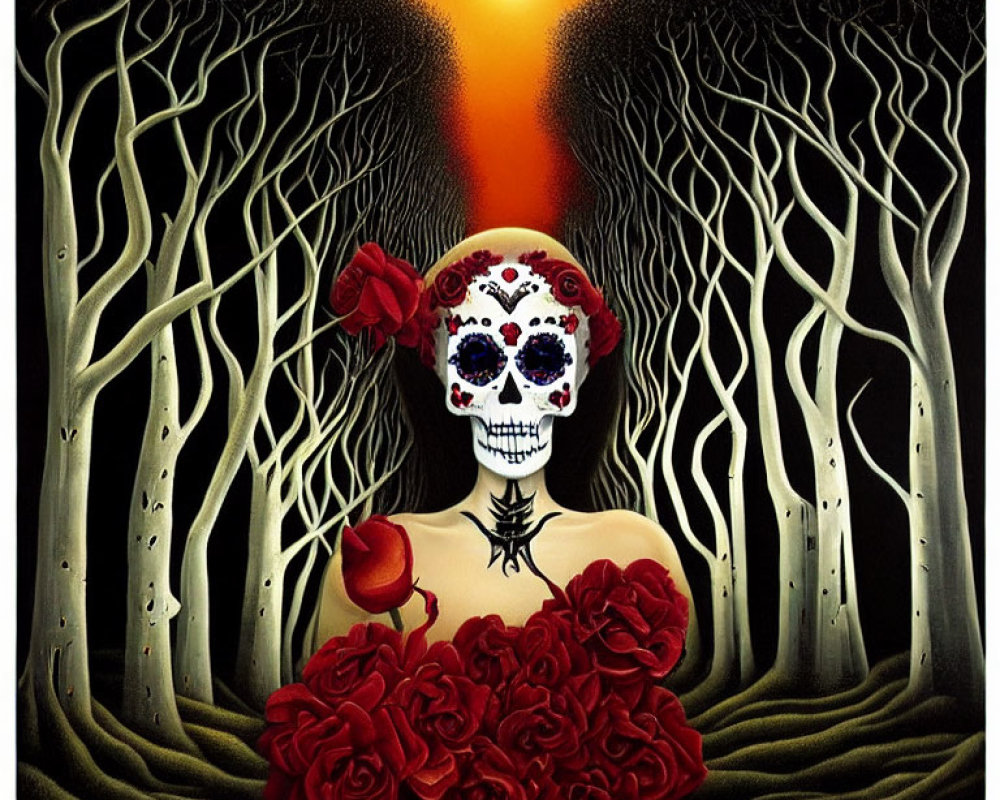 Stylized skull with intricate face paint and red roses in dark forest scenery