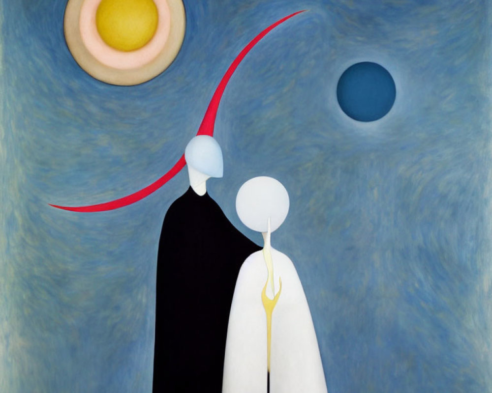 Abstract black and white humanoid figures with sun and moon in blue sky connected by red arc