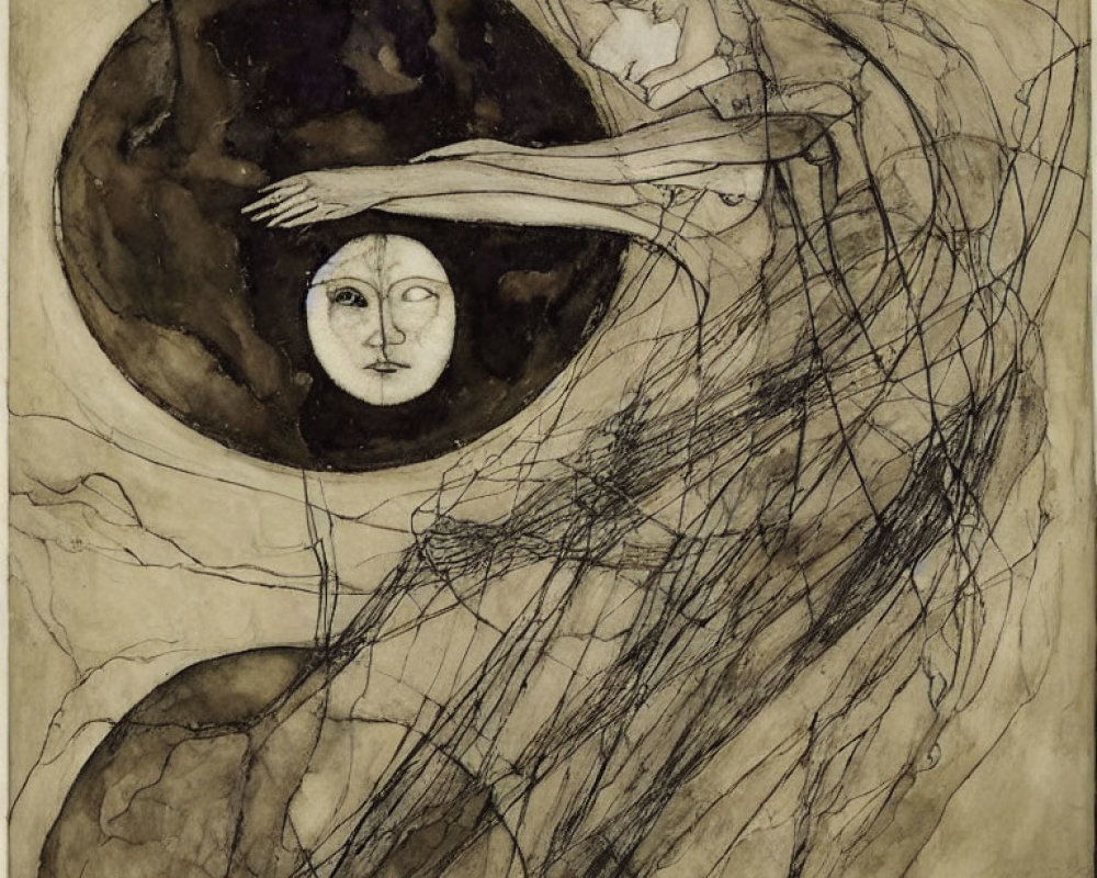 Abstract artwork: Figure reaching towards mask in circular form with intricate web-like lines on sepia background