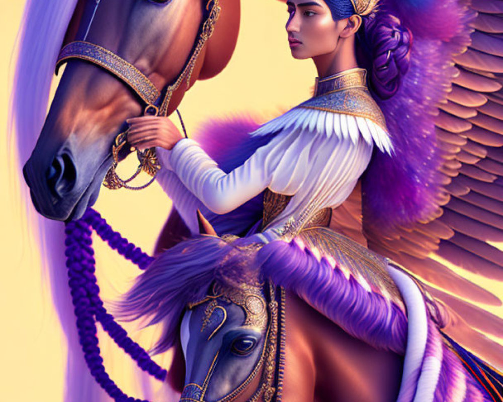 Regal woman in elaborate attire with majestic horses on vibrant purple backdrop
