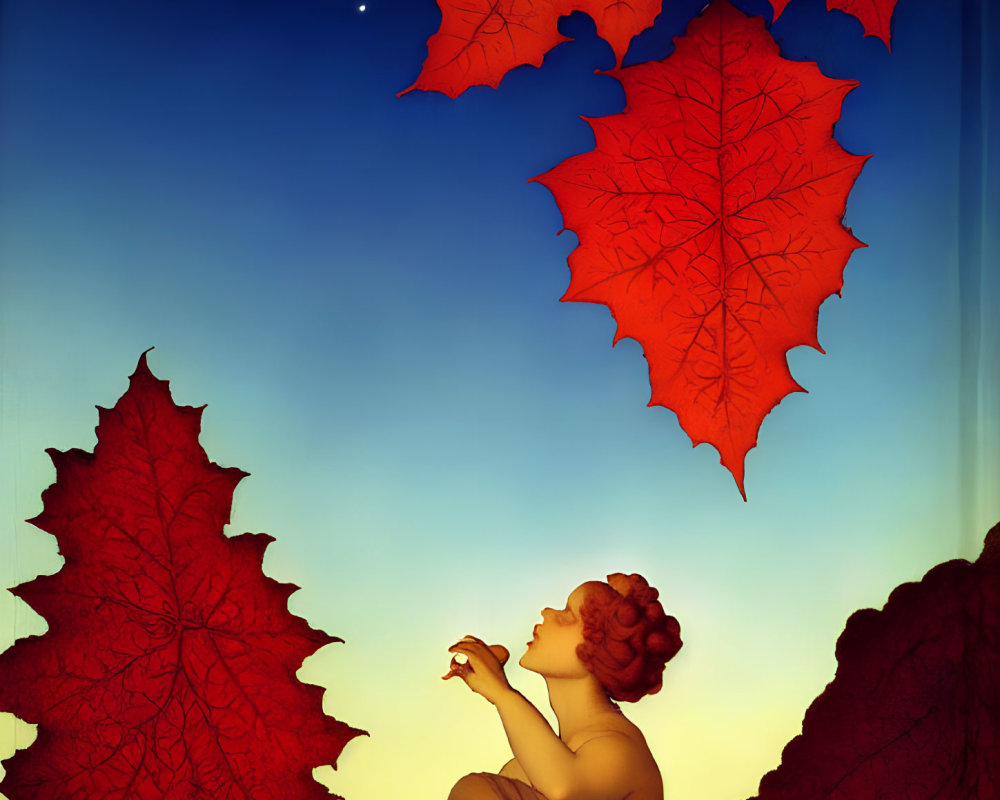 Woman in flowing dress gazes at sky transitioning from golden yellow to deep blue with red maple leaves.