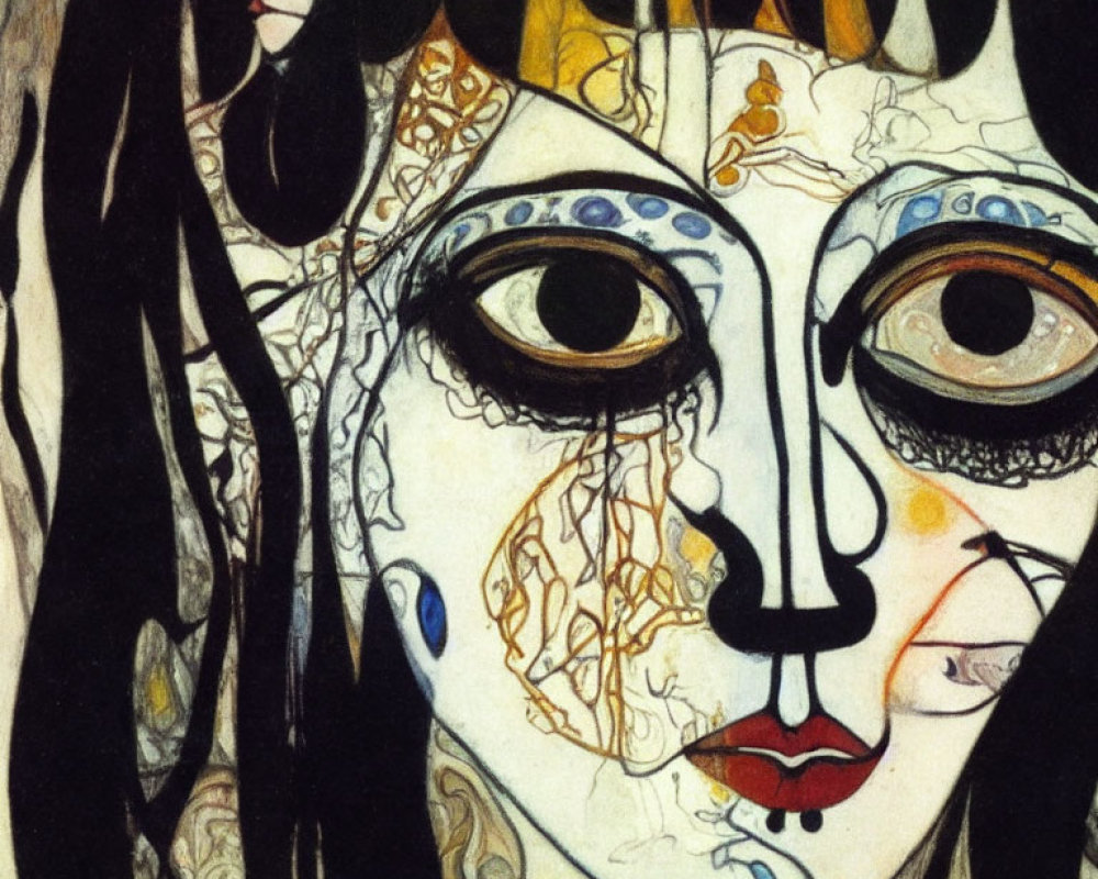 Colorful abstract painting of stylized female face with intricate patterns.