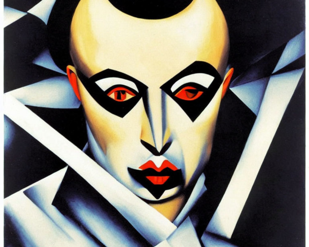 Geometric portrait with pale face, red eyes, black hair, red lips, and white collar