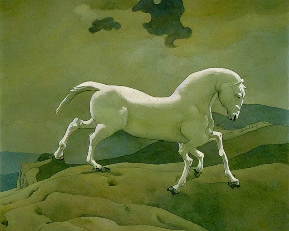 Stylized white horse with flowing mane prancing on grassy hills under green sky