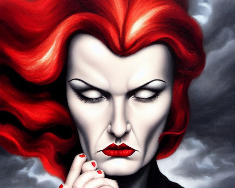 Illustration of person with vibrant red hair, lipstick, nails, and closed eyes.