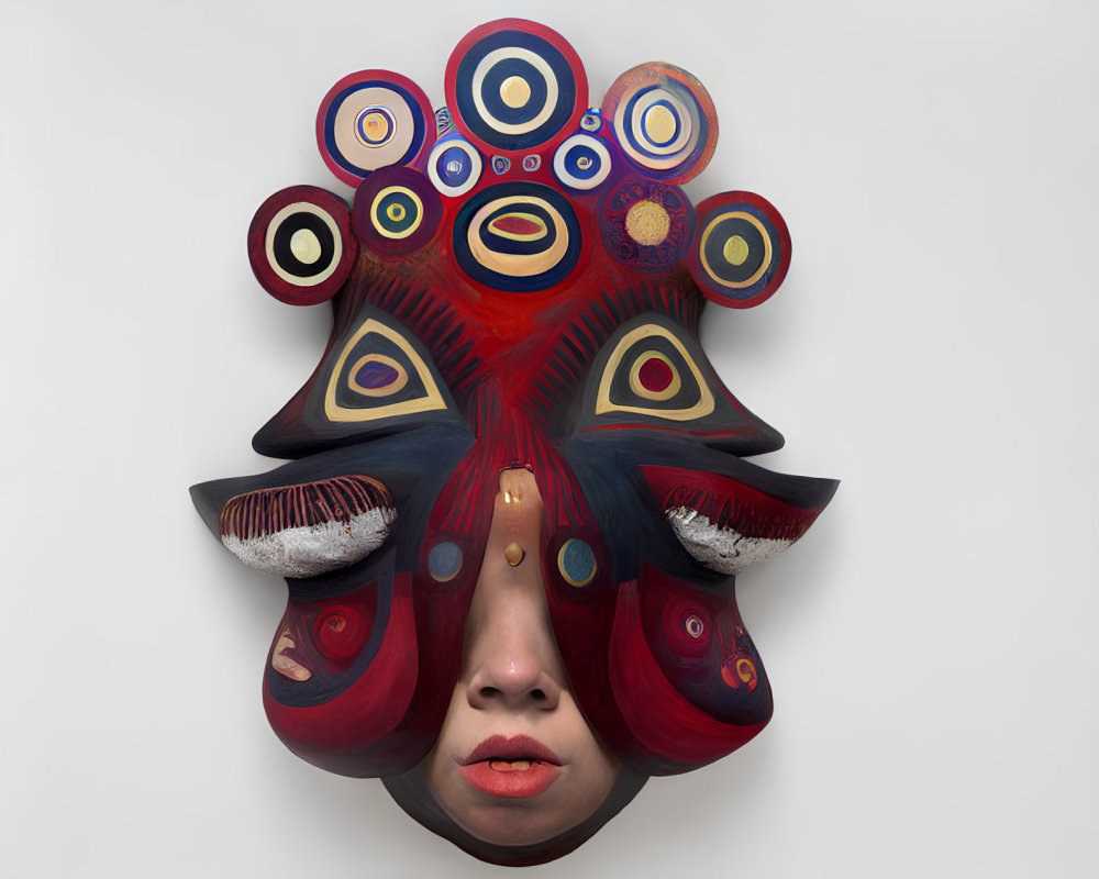 Abstract surreal portrait with circular designs in red, blue, and ochre palette