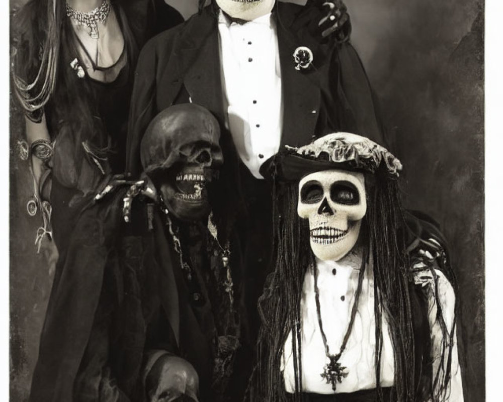 Three individuals in skeleton makeup and costume for Day of the Dead.