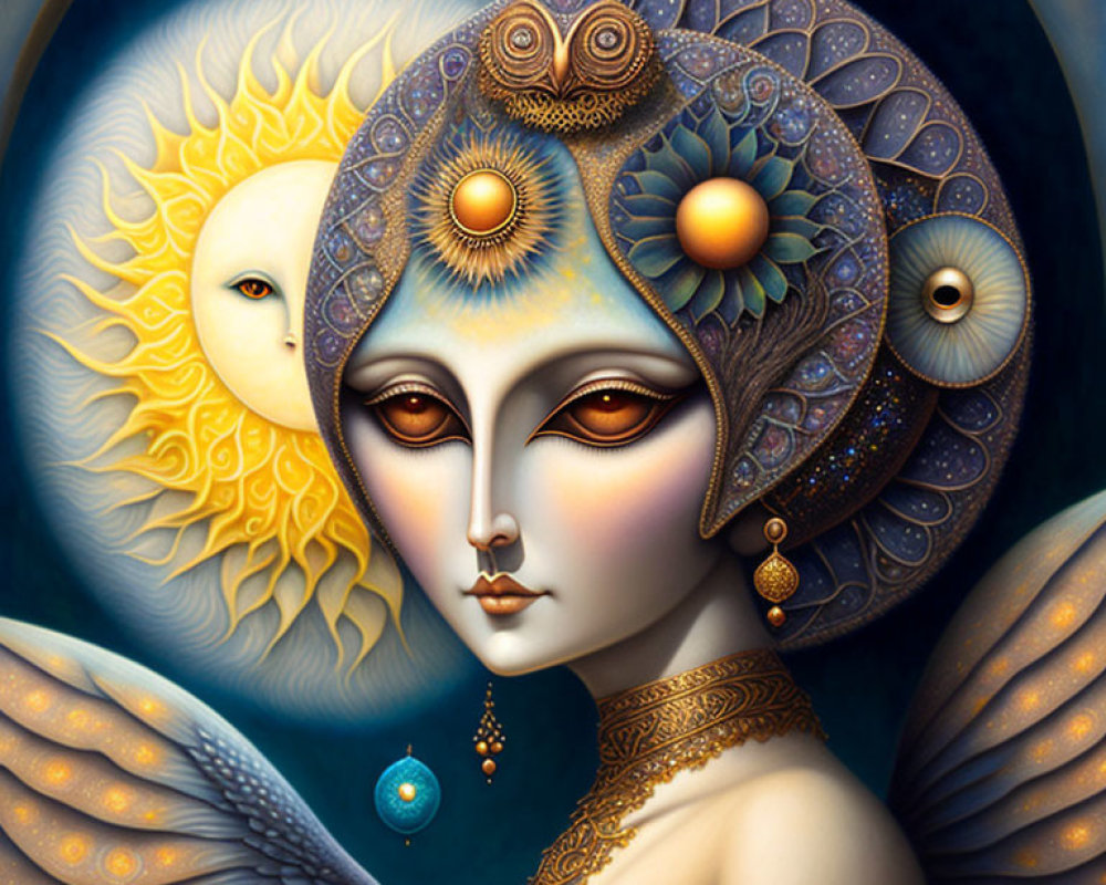 Winged woman with sun and moon motifs in celestial painting