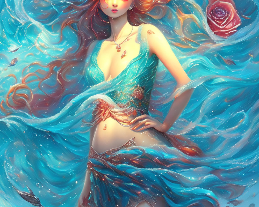 Ethereal woman with turquoise hair in sea-themed dress amid swirling ocean backdrop