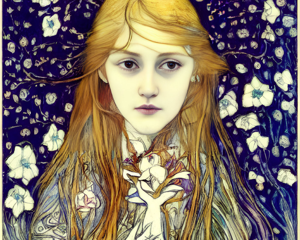 Portrait of girl with golden hair holding white flower on blue floral background