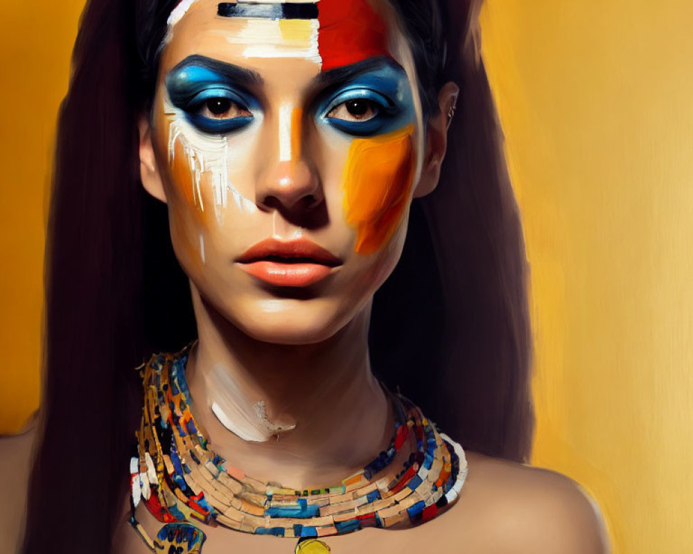 Colorful Makeup and Egyptian Necklace on Woman Against Yellow Background