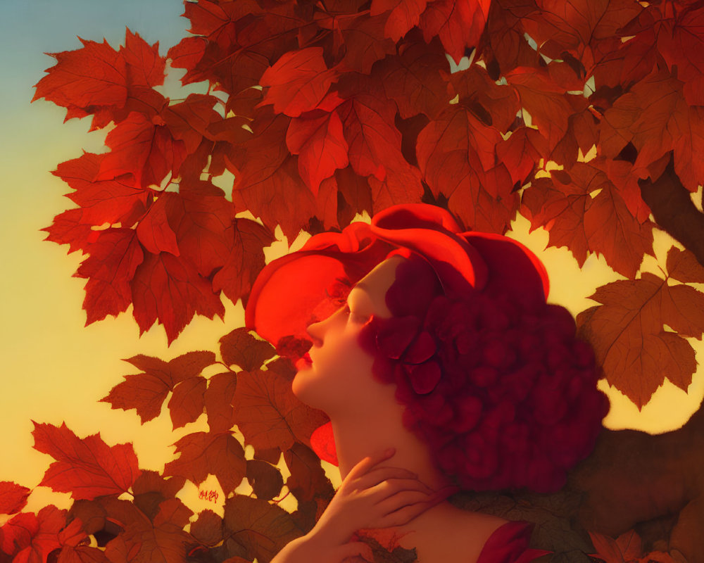 Person with Red Hair and Hat Surrounded by Autumn Leaves Under Golden Sky
