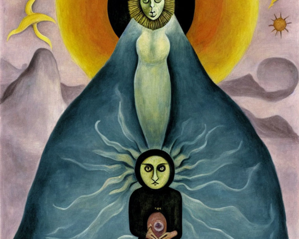 Surreal painting: Large figure with sun-face holding smaller figure with moon-face in abstract landscape