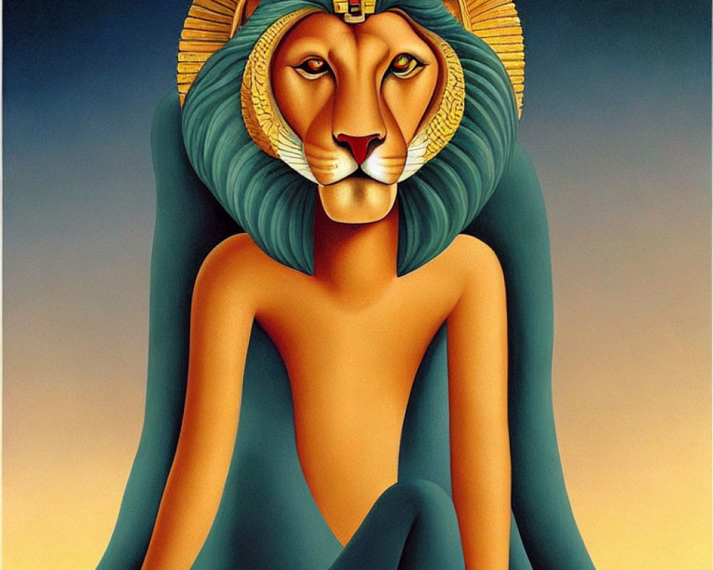 Illustration of lion-headed figure in Egyptian headdress sitting in desert