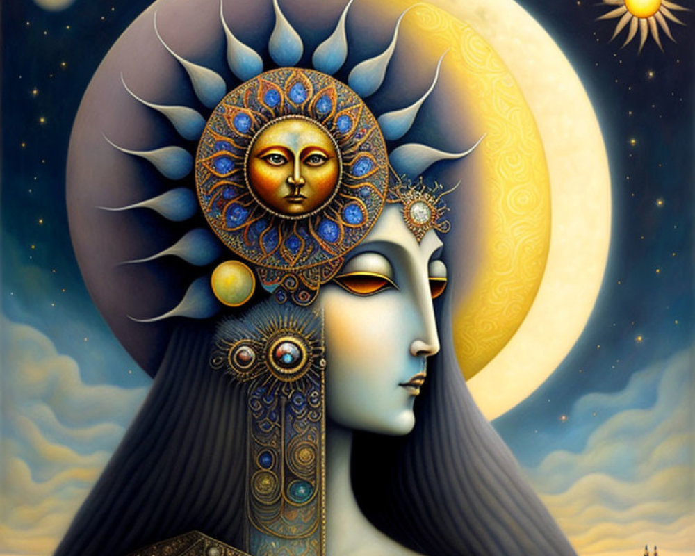 Illustration of woman with cosmic sun-moon headpiece in starry night sky