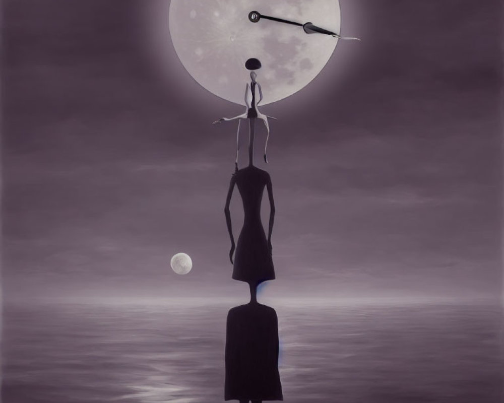 Surreal artwork: silhouetted figures in water with moon