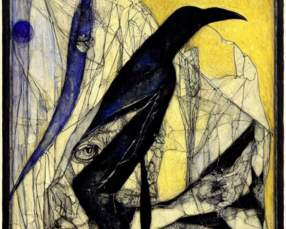 Crow silhouette in abstract art with chaotic lines and textures and a human eye hint