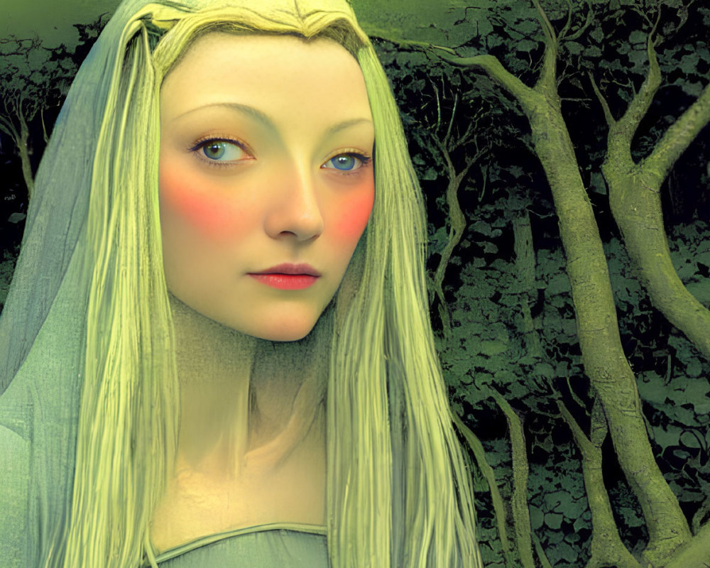 Ethereal woman with pale skin and red cheeks in enchanted forest