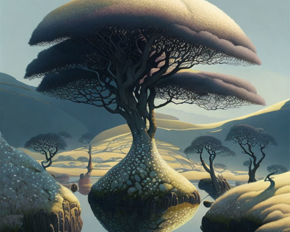 Surreal landscape featuring oversized mushroom-shaped trees and rolling hills
