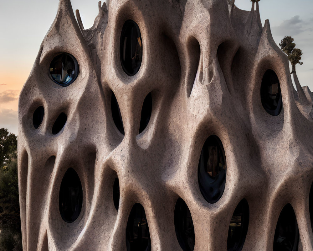 Organic Design Building with Rounded Windows and Bone-like Structures