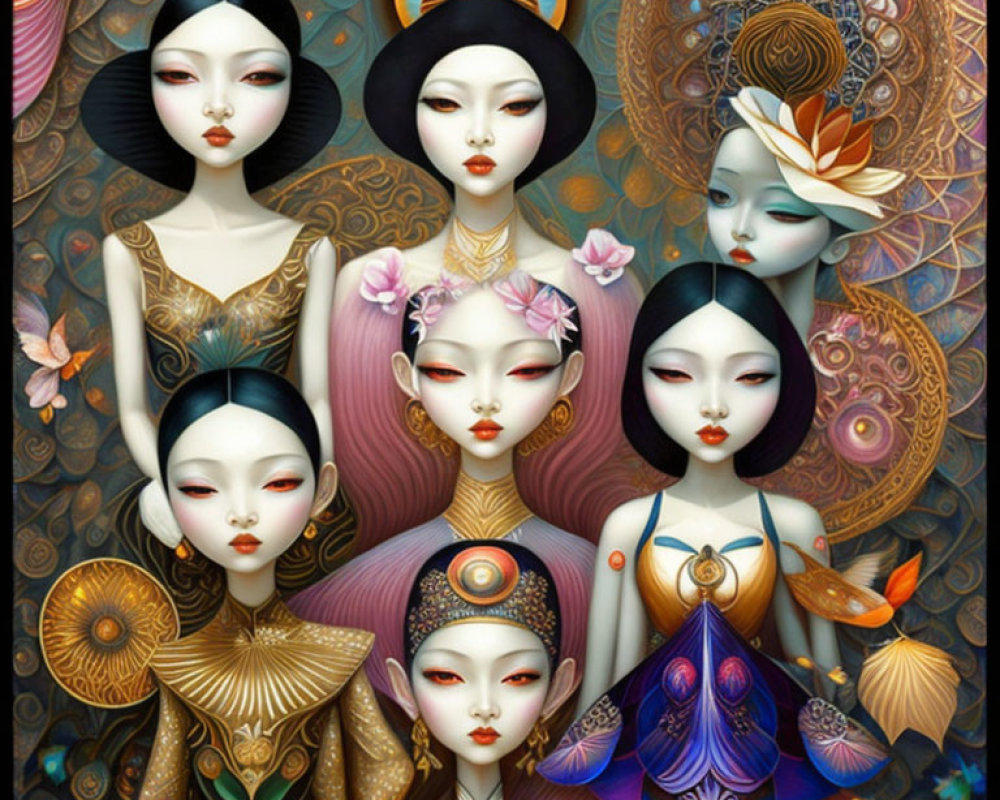 Stylized Asian women with ornate hairpieces on patterned background