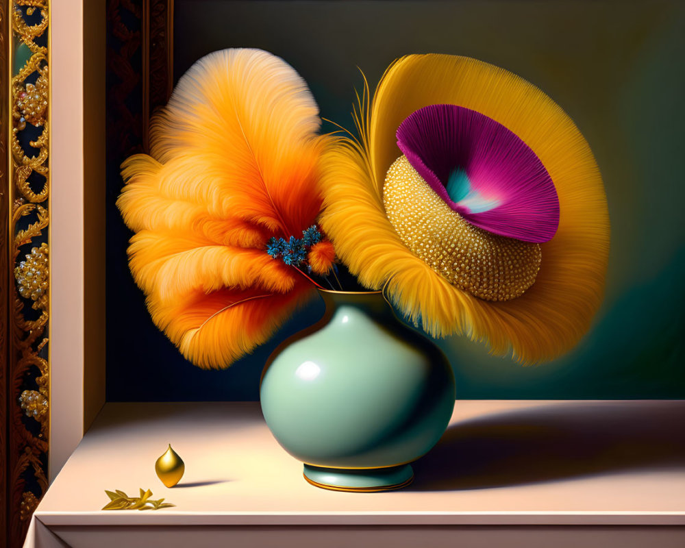 Colorful Still Life Painting with Turquoise Vase and Feathers on Shelf