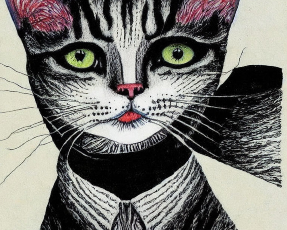 Black and White Cat Illustration with Green Eyes and Bow Tie