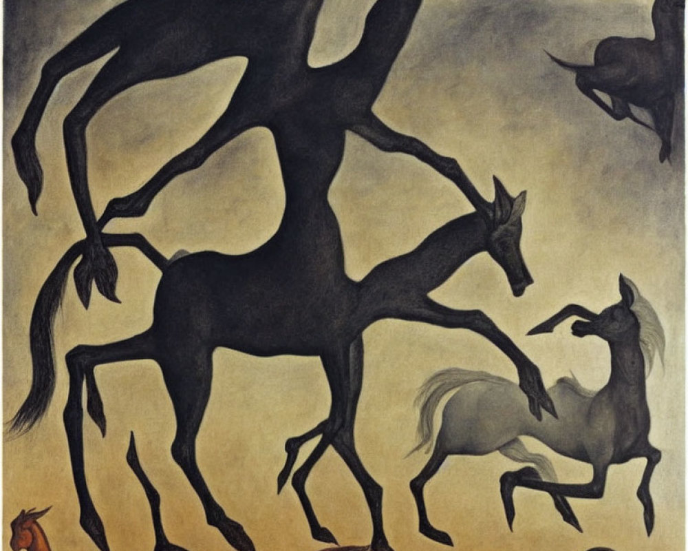 Abstract painting of black, brown, and white horses on brown background