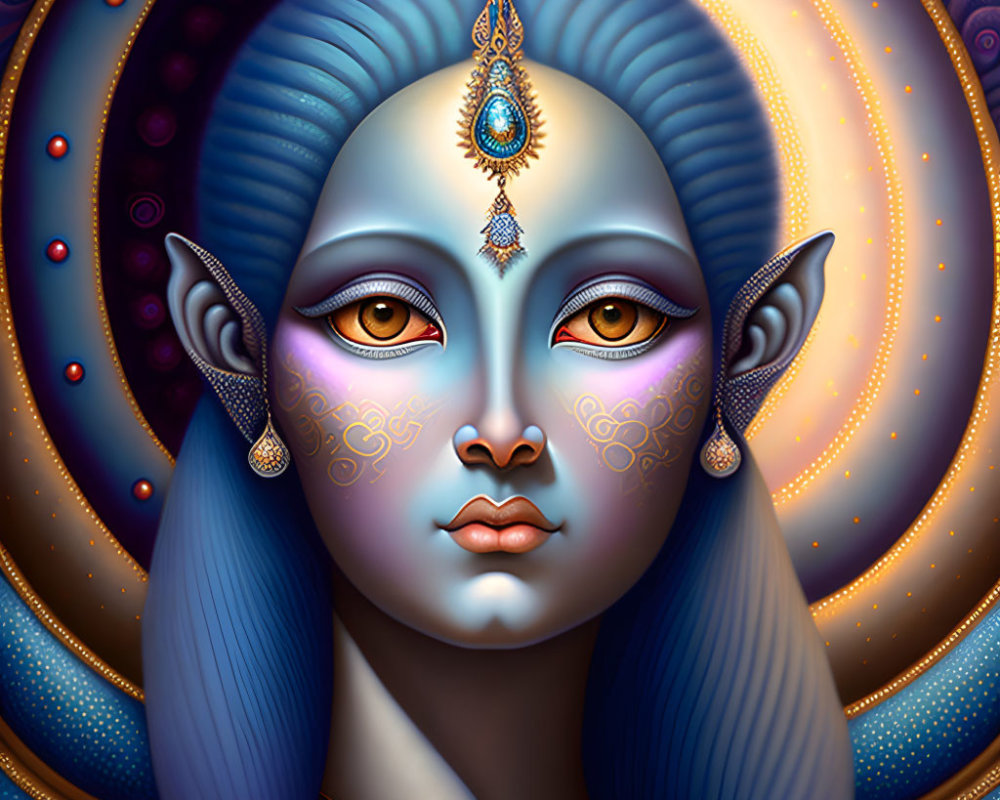 Blue-skinned elf-eared mystical figure with gold patterns and jeweled headpiece on decorative background.