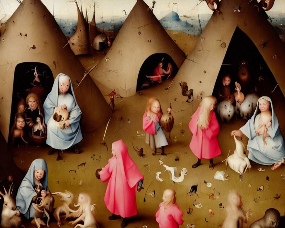 Surreal painting of children and creatures in whimsical tent scene