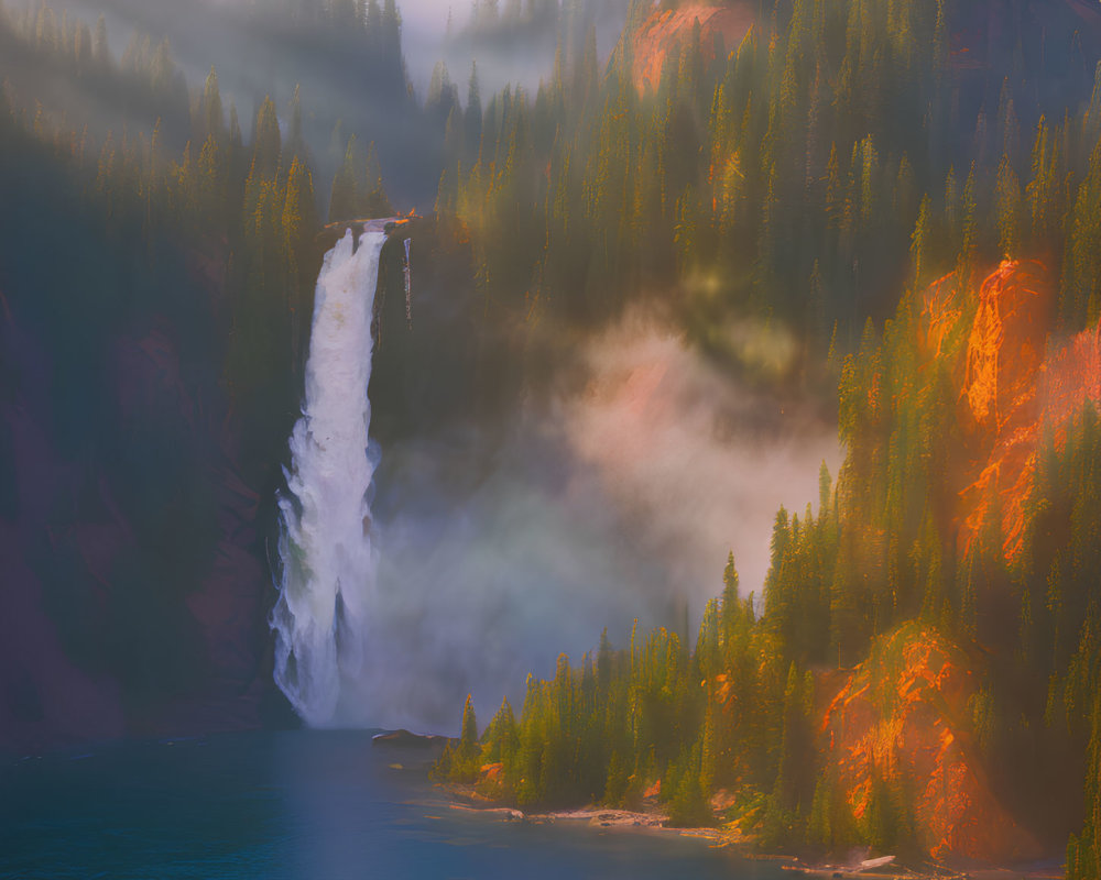 Majestic waterfall cascading into serene lake in forest setting