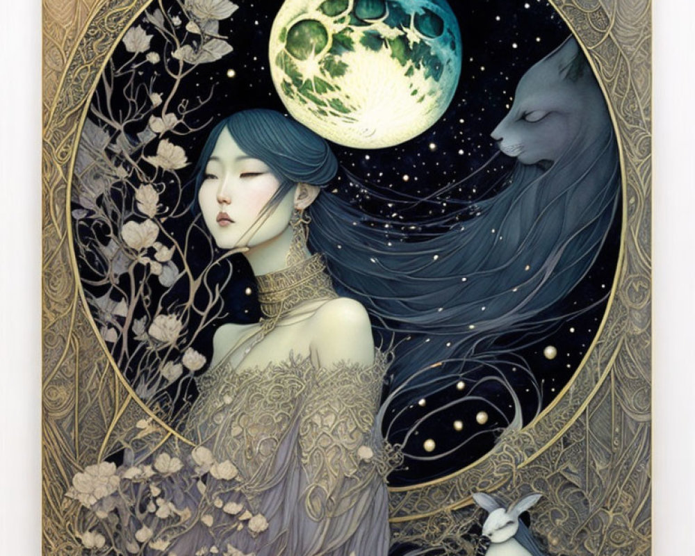 Fantasy-style art: Woman with flowing hair, moon, wolf, rabbit, and floral motifs in