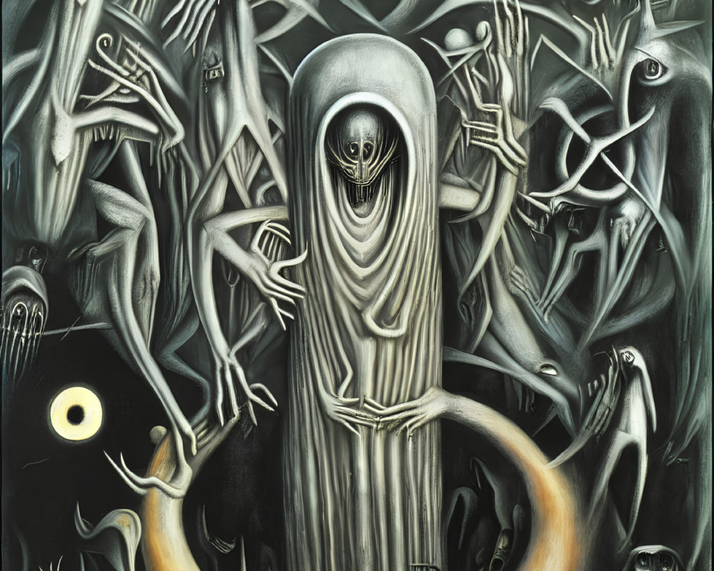 Abstract humanoid figures in dark tones with eerie faces and elongated limbs surrounding a prominent, ominous figure