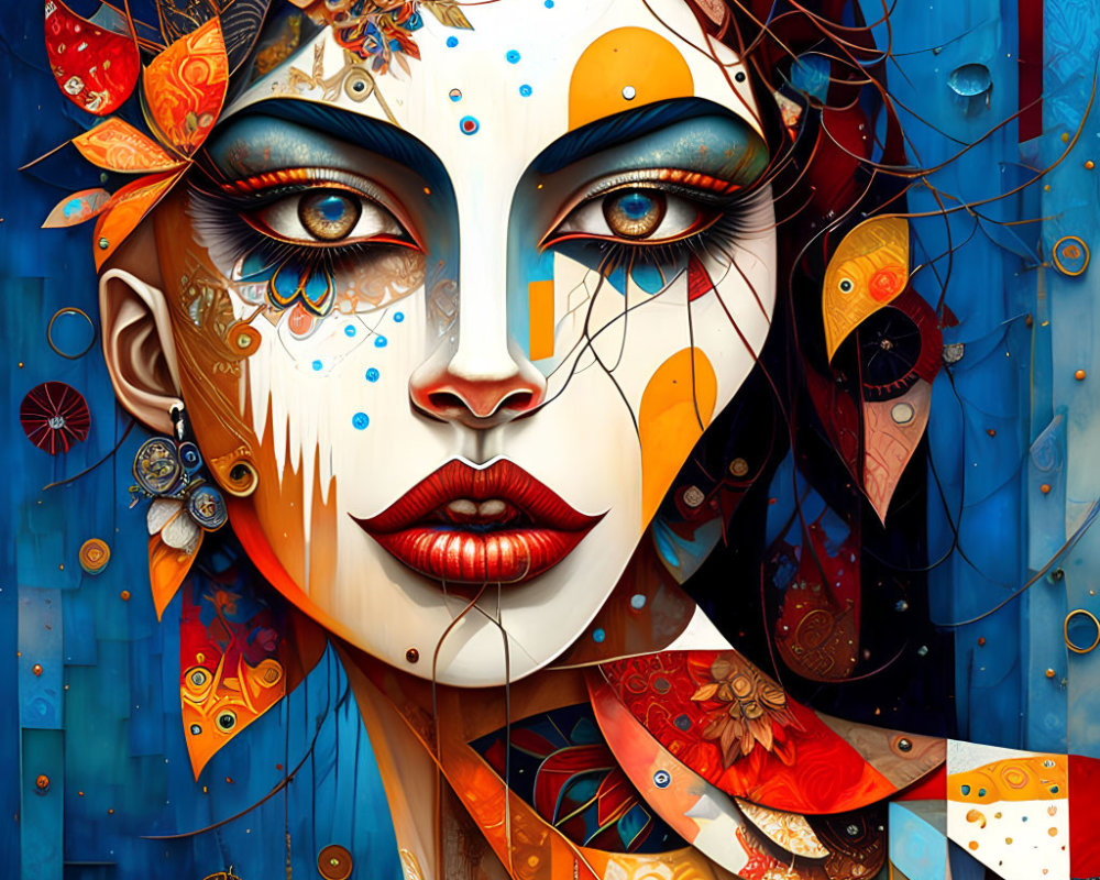 Colorful abstract digital artwork of a stylized female face with intricate patterns and surreal elements
