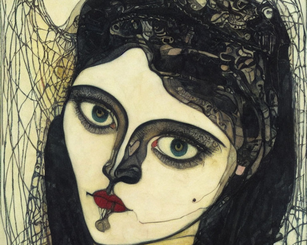 Stylized portrait of woman with striking eyes and intricate patterns on face