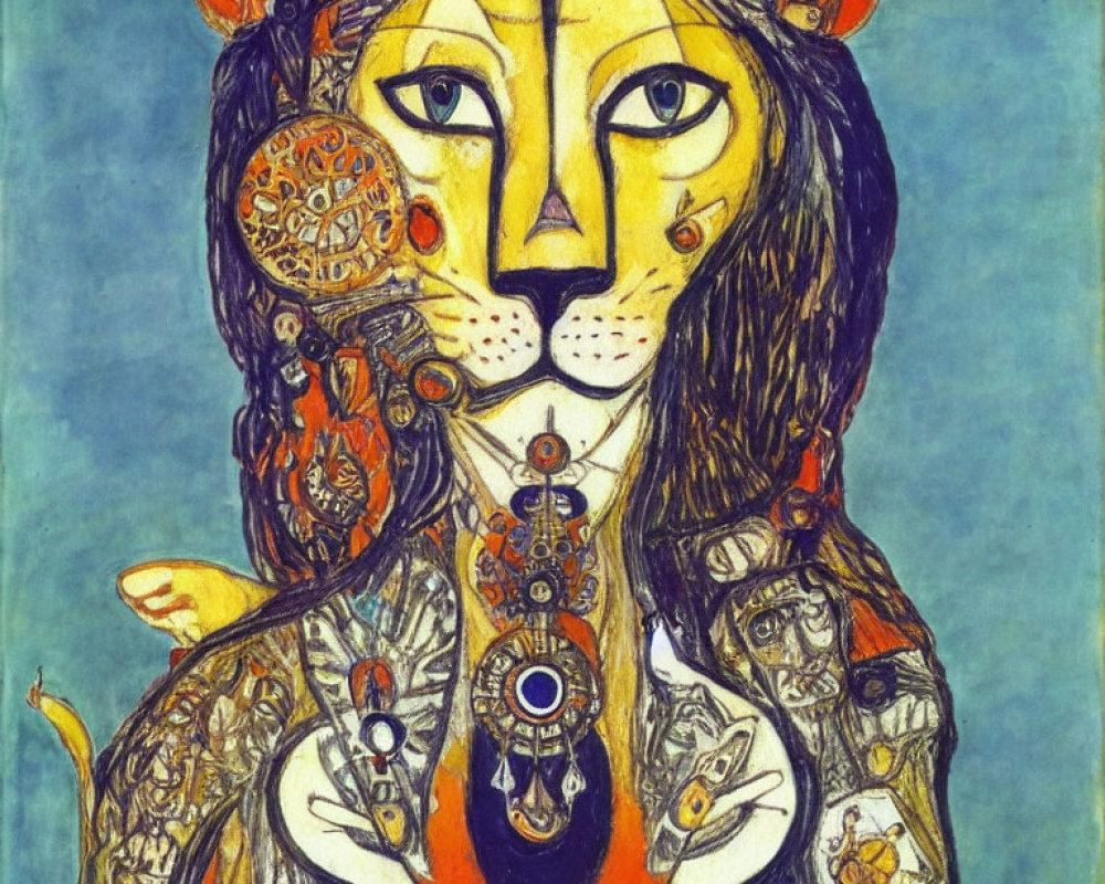 Colorful lion with human-like face in intricate patterns and ornaments