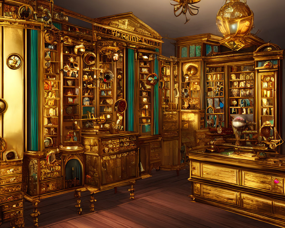 Vintage Golden Interior with Wooden Cabinets, Books, Globe, and Lamps