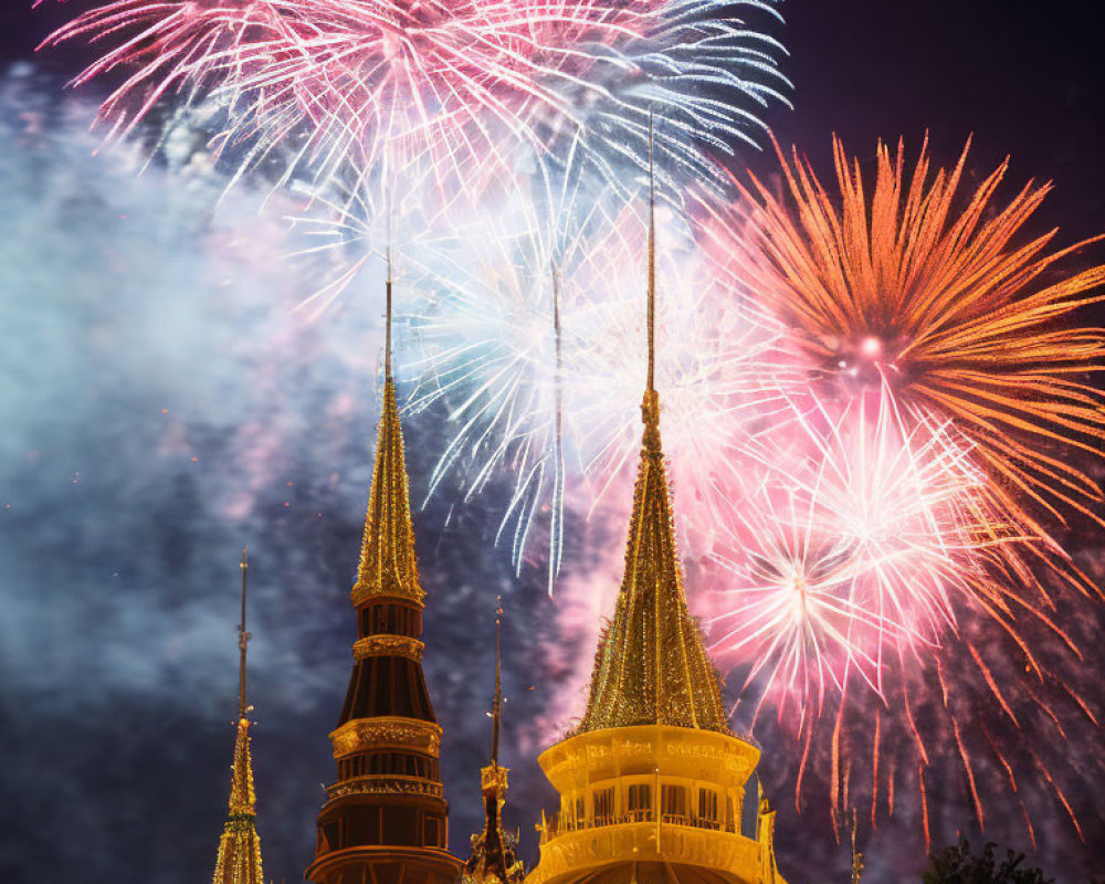 Colorful fireworks illuminate night sky over golden spires
