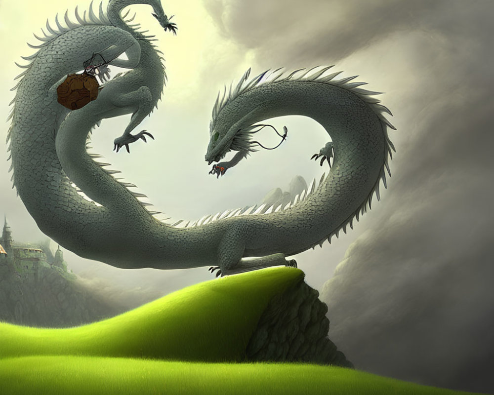 Coiled dragon on grassy hill with castle and cloudy skies