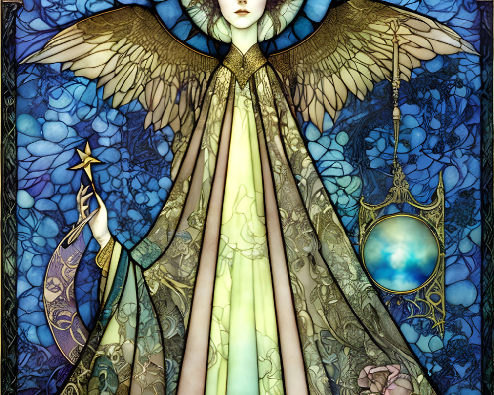 Ethereal figure with wings holding star and sphere in stained glass-style illustration