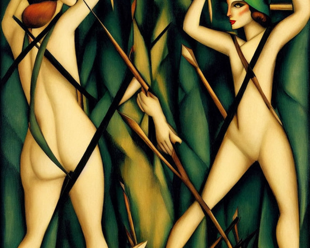 Stylized female figures with green caps in angular, reed-like setting