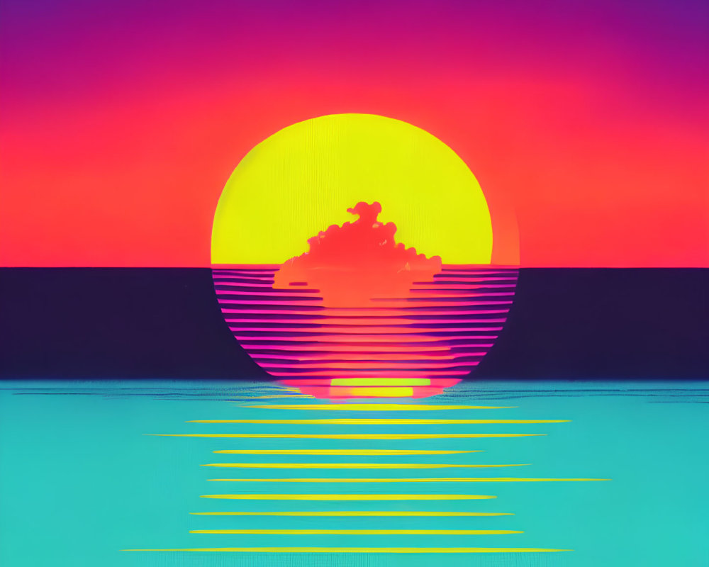 Colorful Retro-Style Digital Artwork of Setting Sun and Water