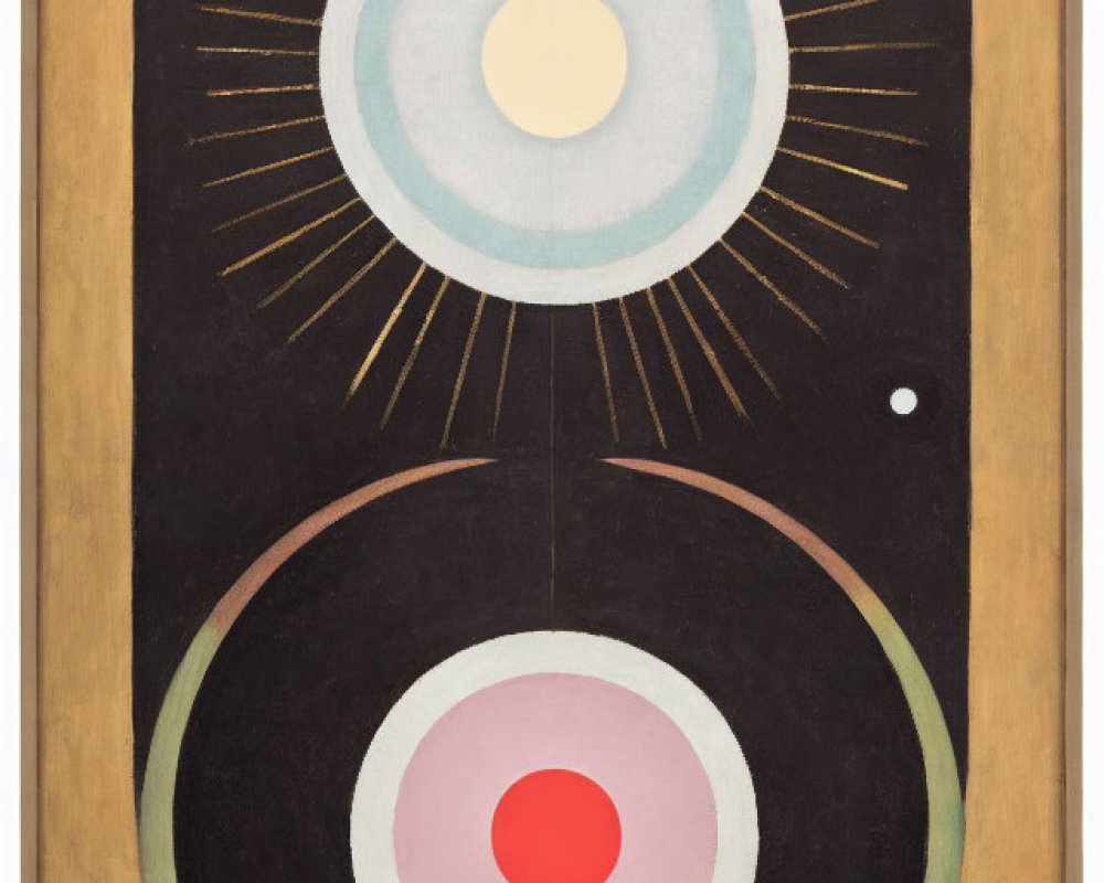 Abstract Vertical Rectangle Artwork with Concentric Circles and Sun Motifs