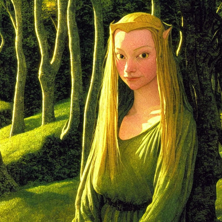 Blonde-haired female elf in green dress in enchanted forest