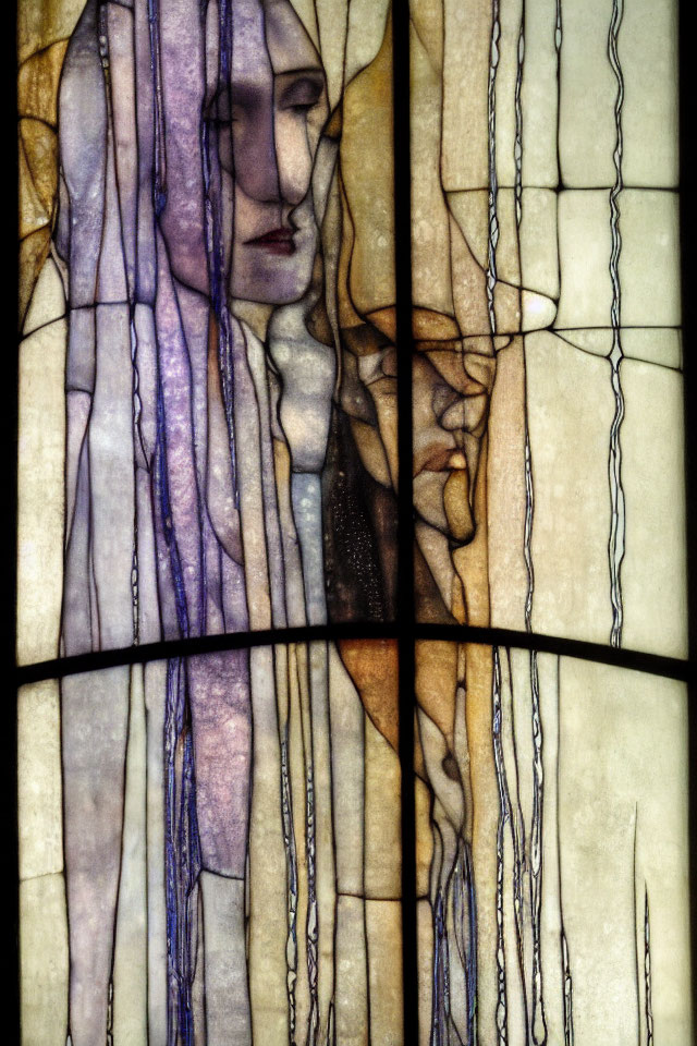 Ethereal figure in stained glass with flowing lines & muted colors
