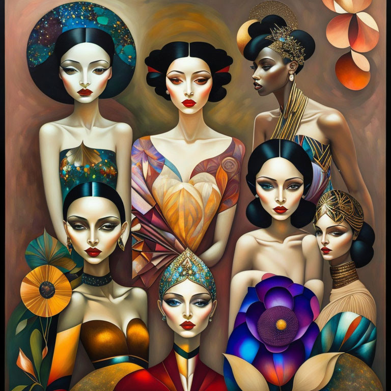 Six stylized women with elaborate hairstyles and headpieces among vibrant flowers and geometric shapes.